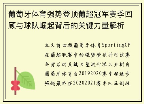 葡萄牙体育强势登顶葡超冠军赛季回顾与球队崛起背后的关键力量解析