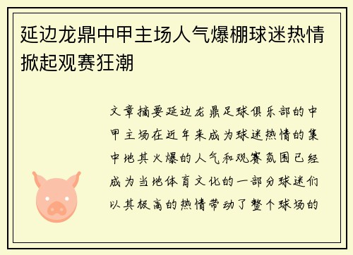 延边龙鼎中甲主场人气爆棚球迷热情掀起观赛狂潮